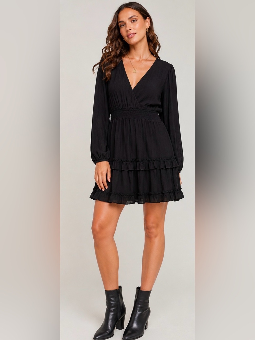 Altar’d State Black Ruffle Tiered Mini Dress Smocked Waist Boho Whimsigoth L